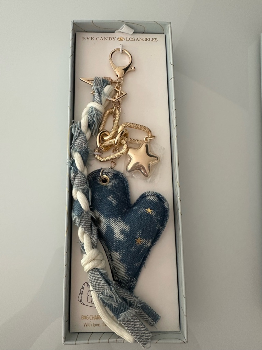 Eye Candy Los Angeles Denim Heart Keychain with Gold Stars, new in box. - Picture 3 of 7